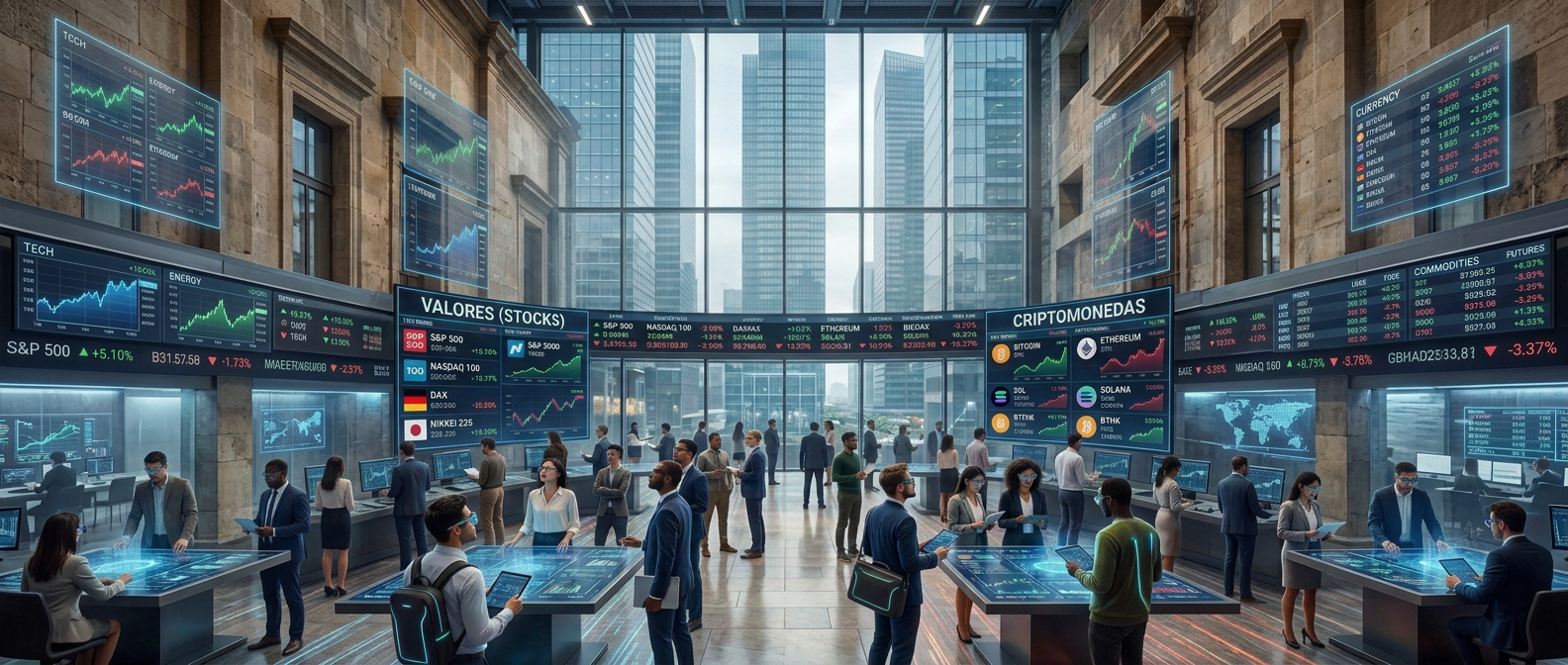 Display reading “Noticias del mercado internacional de valores y criptomonedas” with stock and crypto charts