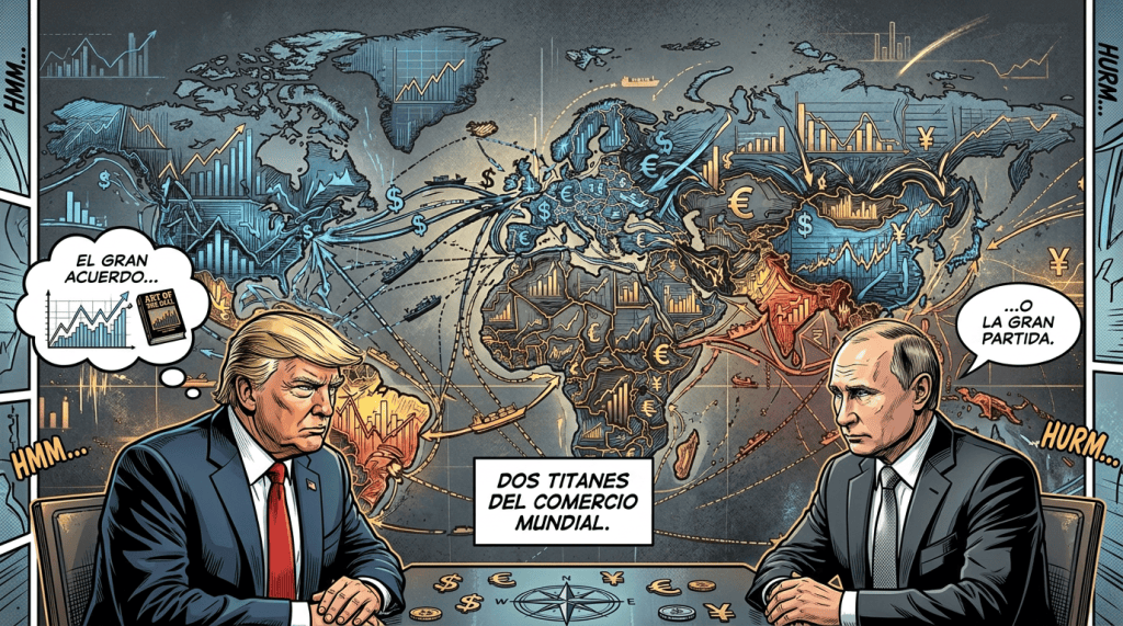 Stylized world map showing global trade routes, currencies, and financial charts